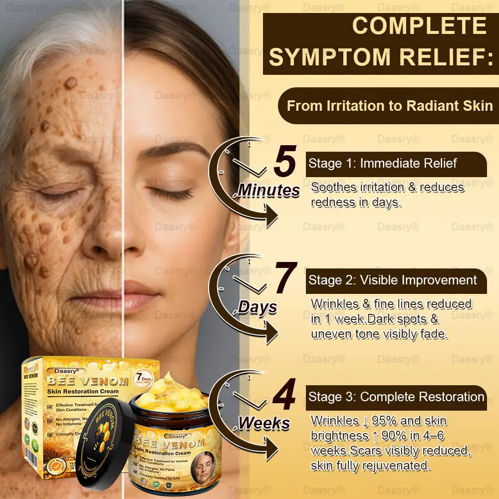 Daasry® Bee Venom Skin Repair & Anti-Aging Cream, Wrinkle Reduction, Hydrating, Brightening, Scar Healing, Sensitive Skin Relief, Even Tone